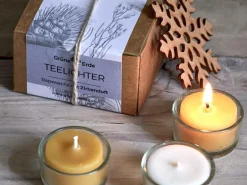 Grüne Erde 12 Teelichter aus Rapswachs mit Zirbenduft, 1 Glaseinsatz