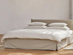 Grüne Erde Bett Jukai Pur, mit Betthaupt und Bettrahmenhousse, inkl. integriertem Lattenrost, 160 x 200 cm, Baumwollstoff Ondula Greige (139),