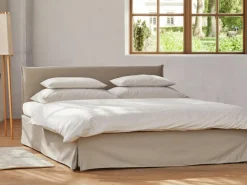 Grüne Erde Bett Jukai Pur, ohne Betthaupt mit Bettrahmenhousse, inkl. integriertem Lattenrost, 180 x 200 cm, Baumwollstoff Ondula Greige (139),