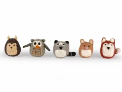 Grüne Erde 5er-Set Waldtiere: Fuchs, Hase, Eule, Waschbär, Igel, ca. 7 x 5 cm, 100 % Schurwolle (Schaf)