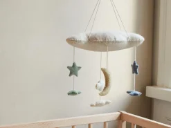 Kinder Grüne Erde Handgefilztes Kindermobile mit Sternen, Wolken und Mond, 100 % Schurwolle (Schaf)