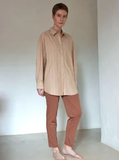 Grüne Erde Pyjamahemd, 100 % Bio Baumwolle, 89 camel/blau gestreift, M, GOTS