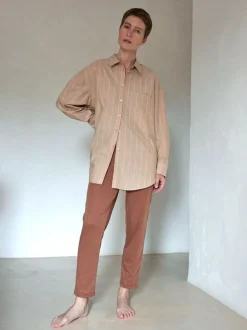 Grüne Erde Pyjamahemd, 100 % Bio Baumwolle, 89 camel/blau gestreift, M, GOTS