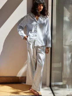 Grüne Erde Pyjamahemd aus Bio-Baumwolle, 90 streif weiss/blau, M